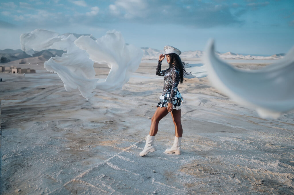 Dáda in a Burning Man costume in the desert