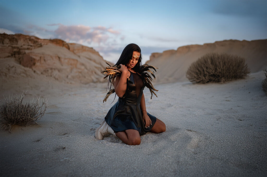 Model in costume on a white desert — Burning Man series