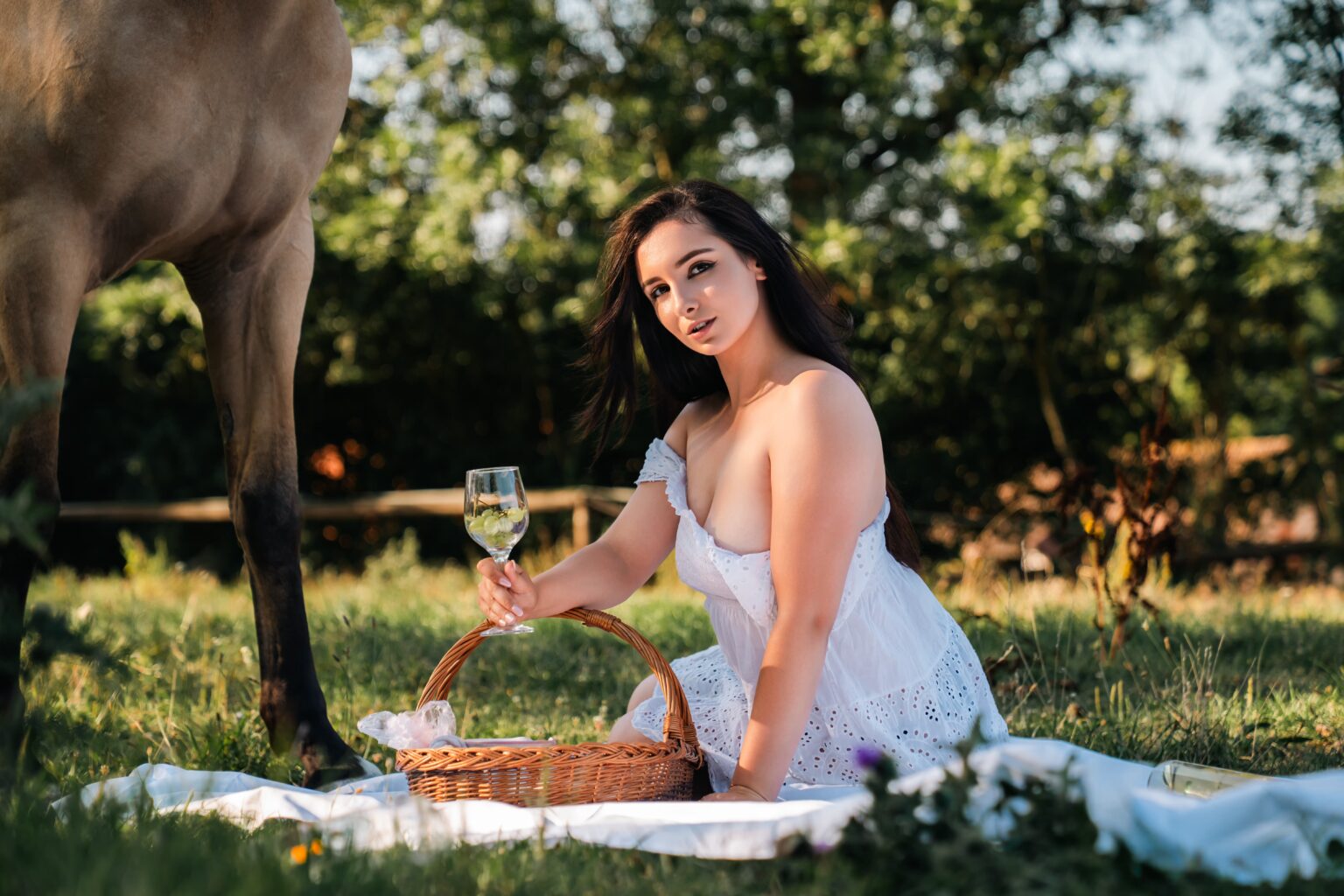 Nikol relaxing on a picnic blanket in a green garden with a white horse in the background.