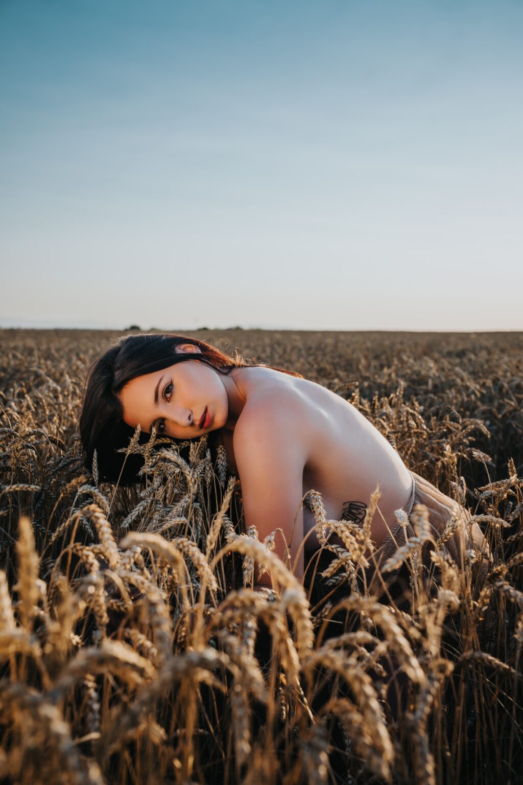 Jana in a golden wheat field at sunset
