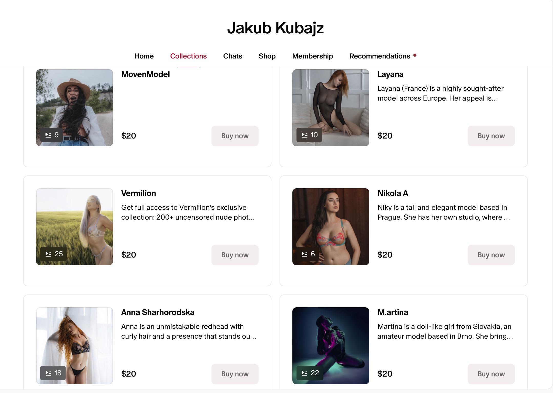 Patreon Collections tab with model collections, each with a $20 price and a Buy now button