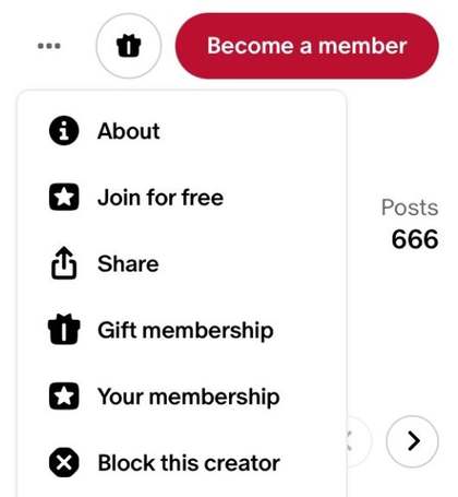 Patreon page menu with the Join for free option